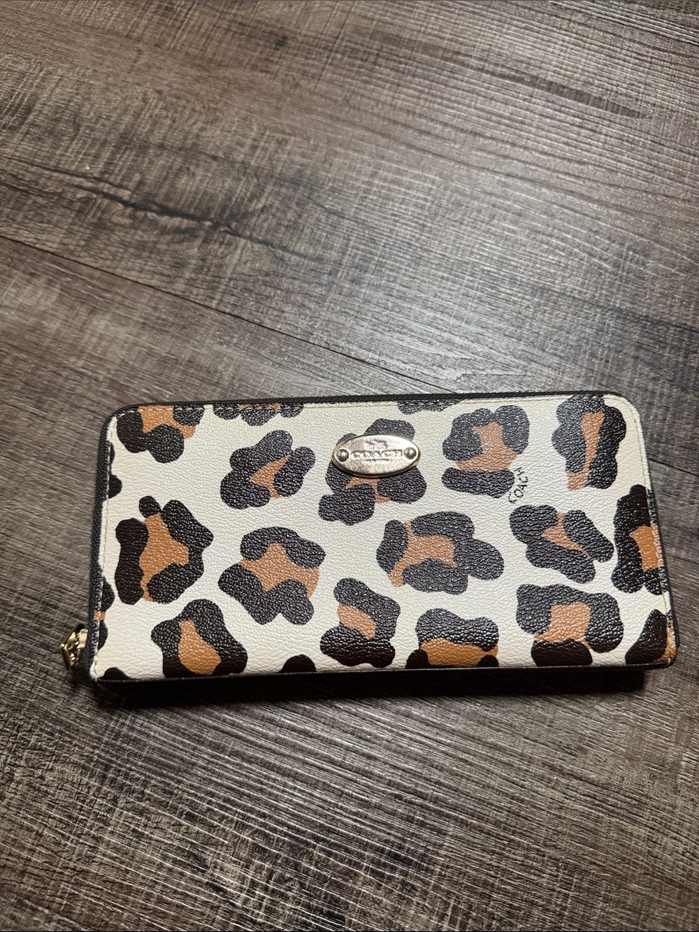 Coach Leopard Print Zip Wallet in Cream, Brown, Black